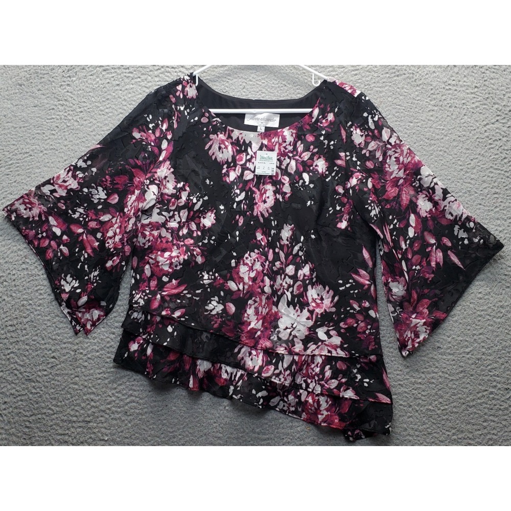 Jeanne Alexander Blouse Top Womens Large Multi Floral 3/4 Sleeve Asymmetric Hem